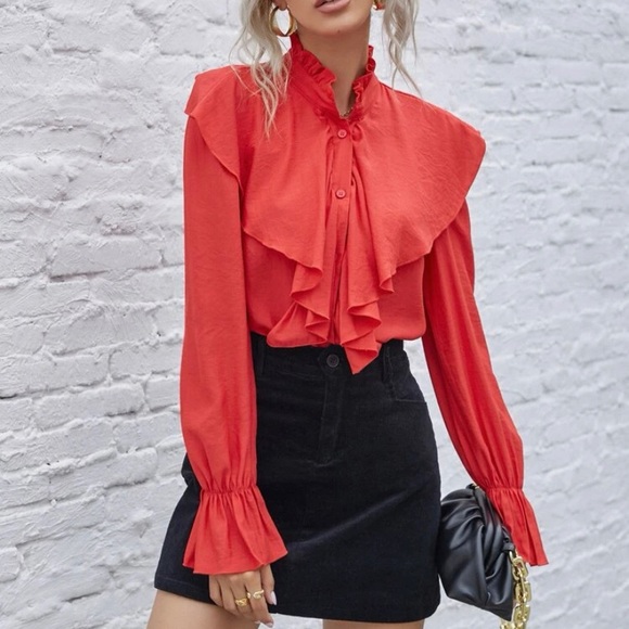 ⏰ SHEIN - Frill Mock Neck Button Front Blouse - M (6) - Picture 4 of 5